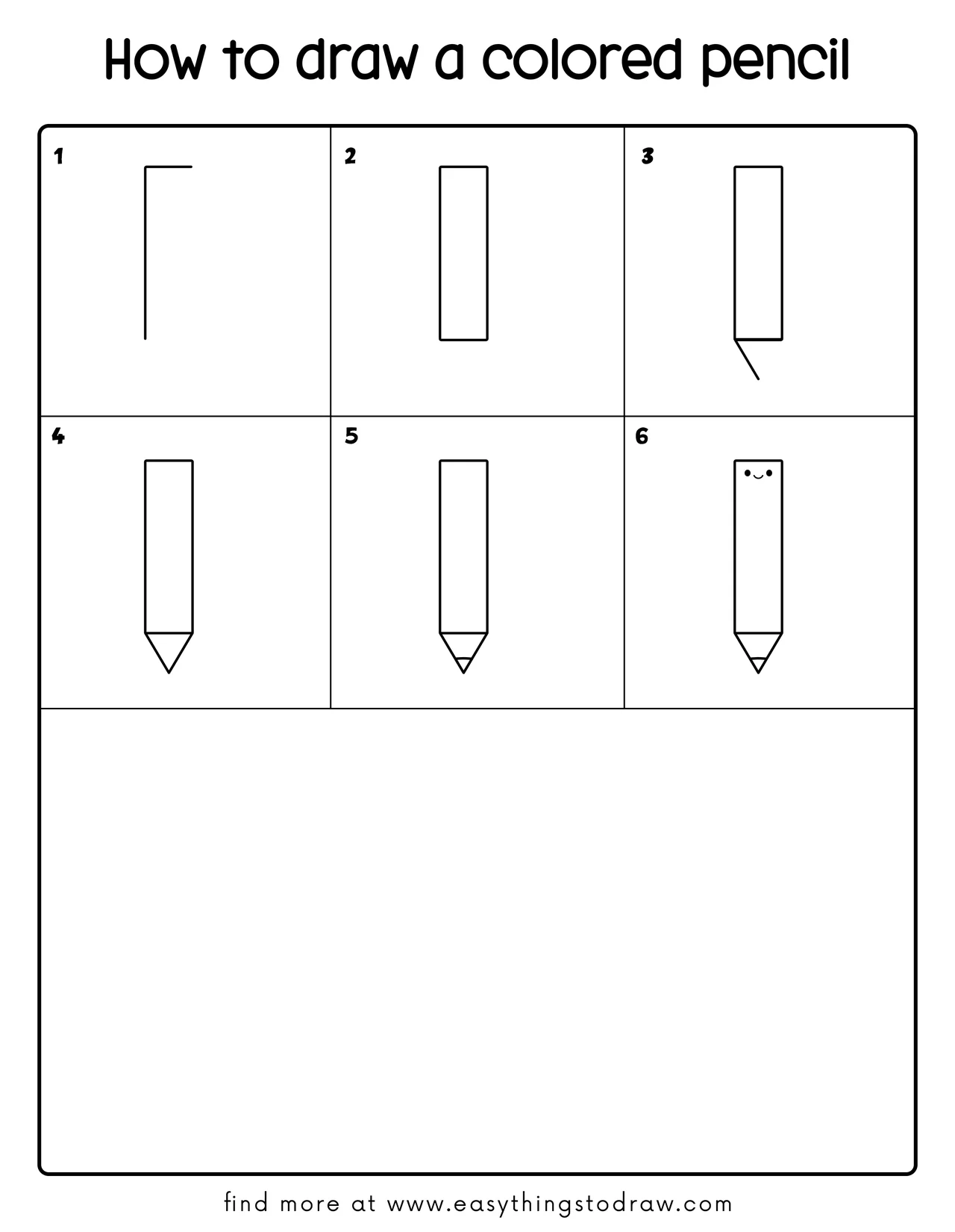 Step-by-step drawing tutorial showing how to draw a cute colored pencil in 6 easy steps for kids and beginners.