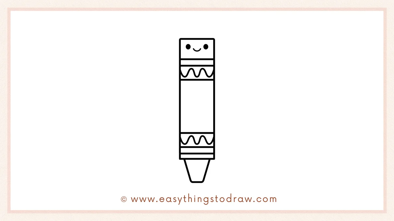 Step 6 of simple crayon drawing tutorial – Add two dot eyes and a sweet smile near the top to give the crayon a happy face.