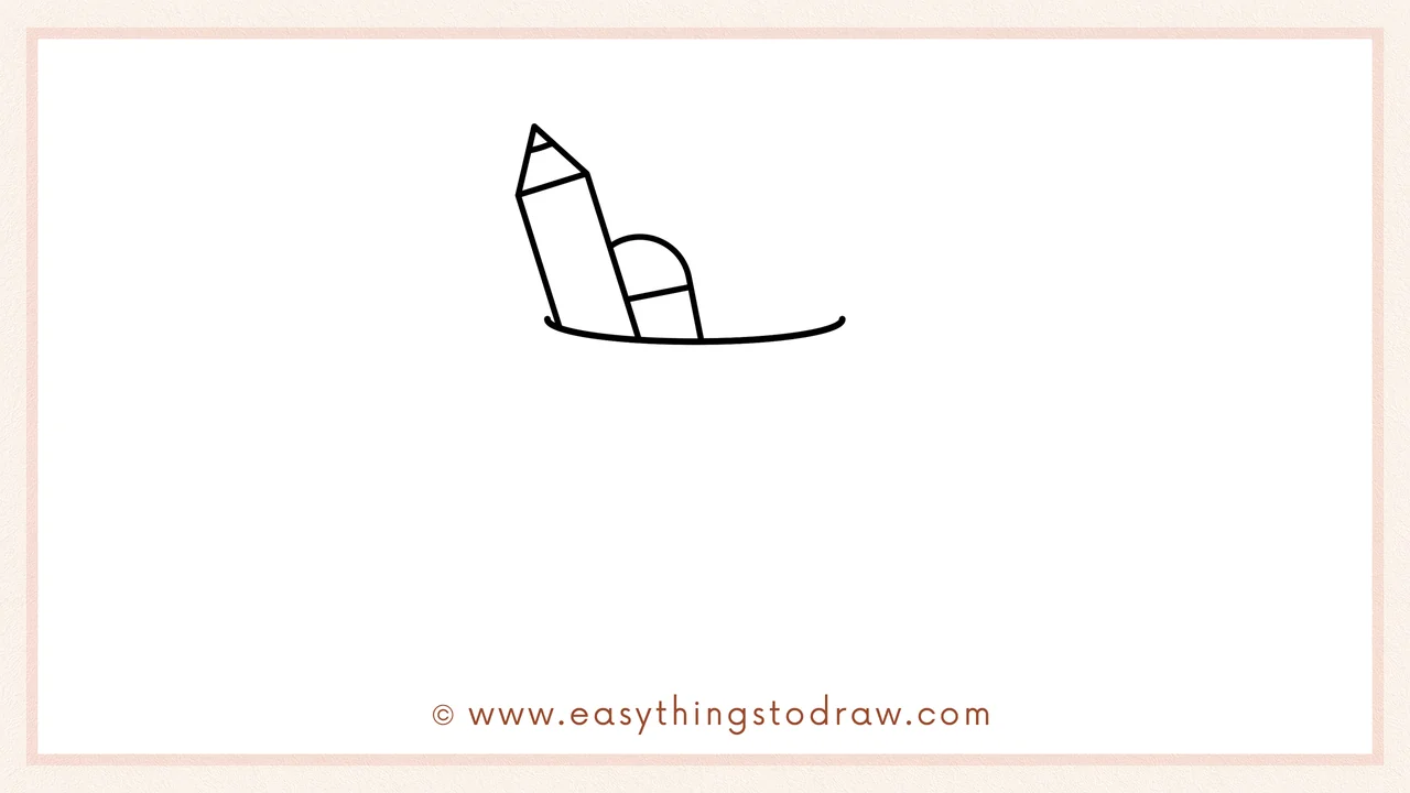 Step 2 of drawing a cute pen holder – Add a tall pencil tilted left and a half-circle eraser inside the rim.