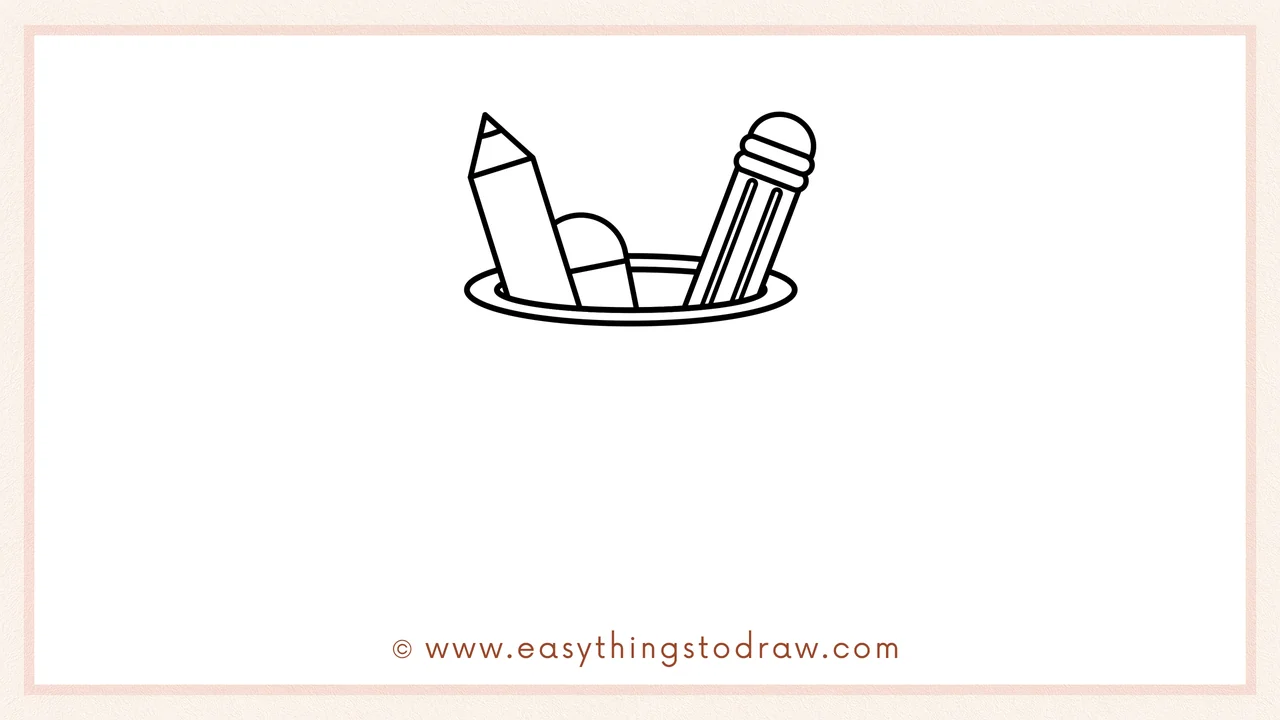 Step 4 of step-by-step cute pen holder sketch – Complete the top rim by drawing a full oval around the opening.