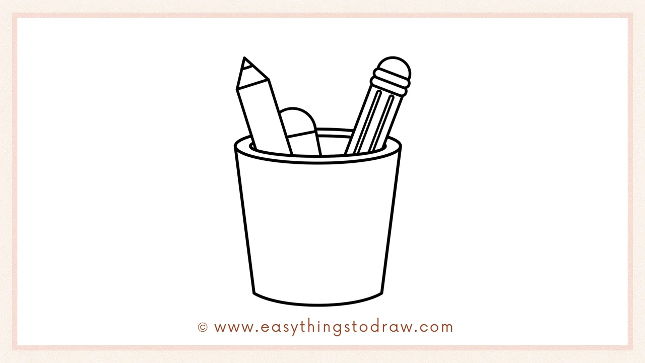 Step 5 of easy cute pen holder drawing steps – Draw two slanted lines down from the oval and connect with a curved bottom.