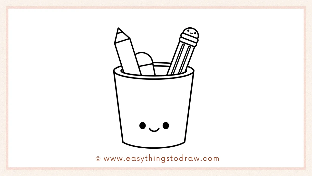 Step 6 of simple cute pen holder drawing tutorial – Add two small round eyes and a U-shaped smile to the pen holder.