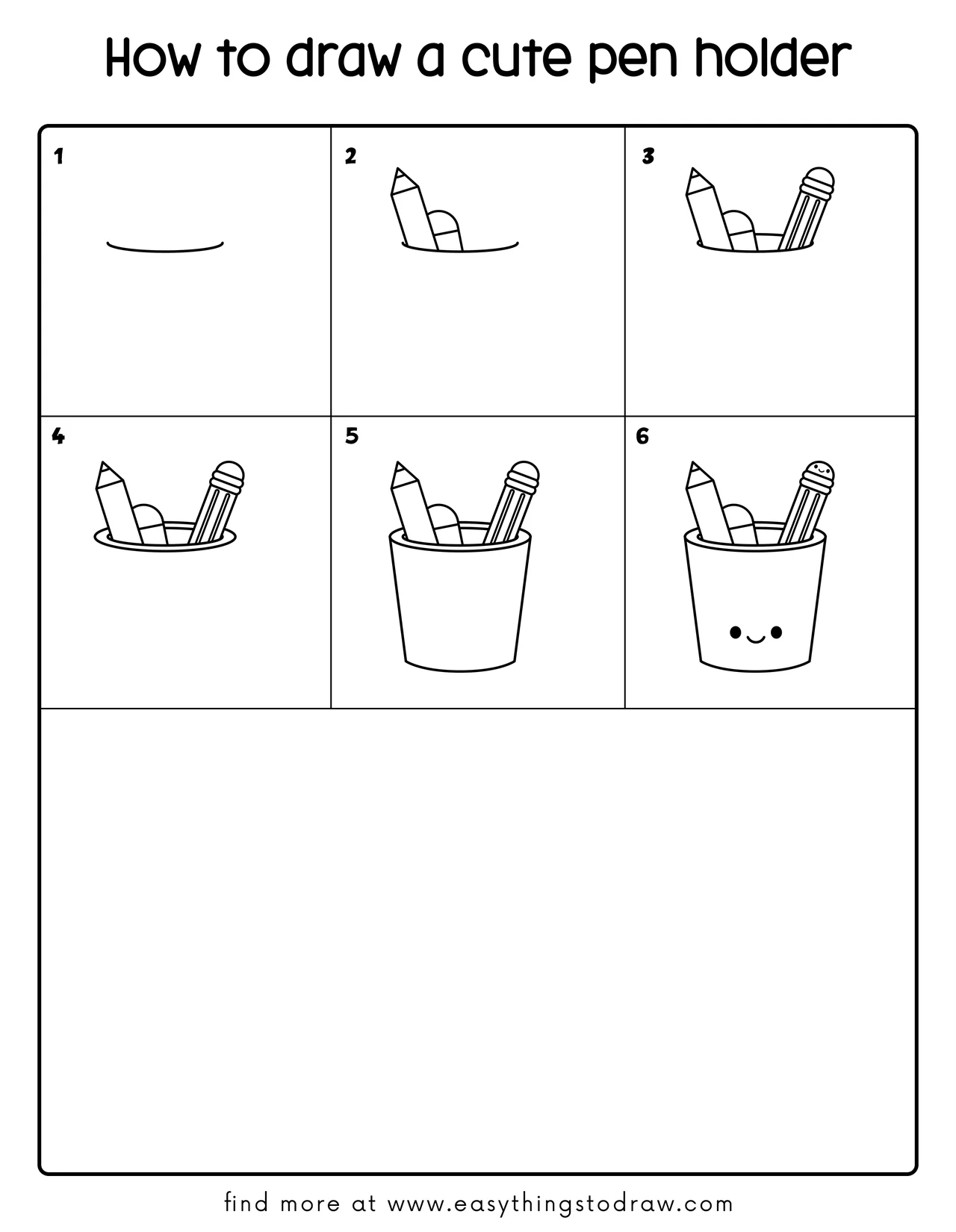 Step-by-step drawing tutorial showing how to draw a cute pen holder in 6 easy steps for kids and beginners.