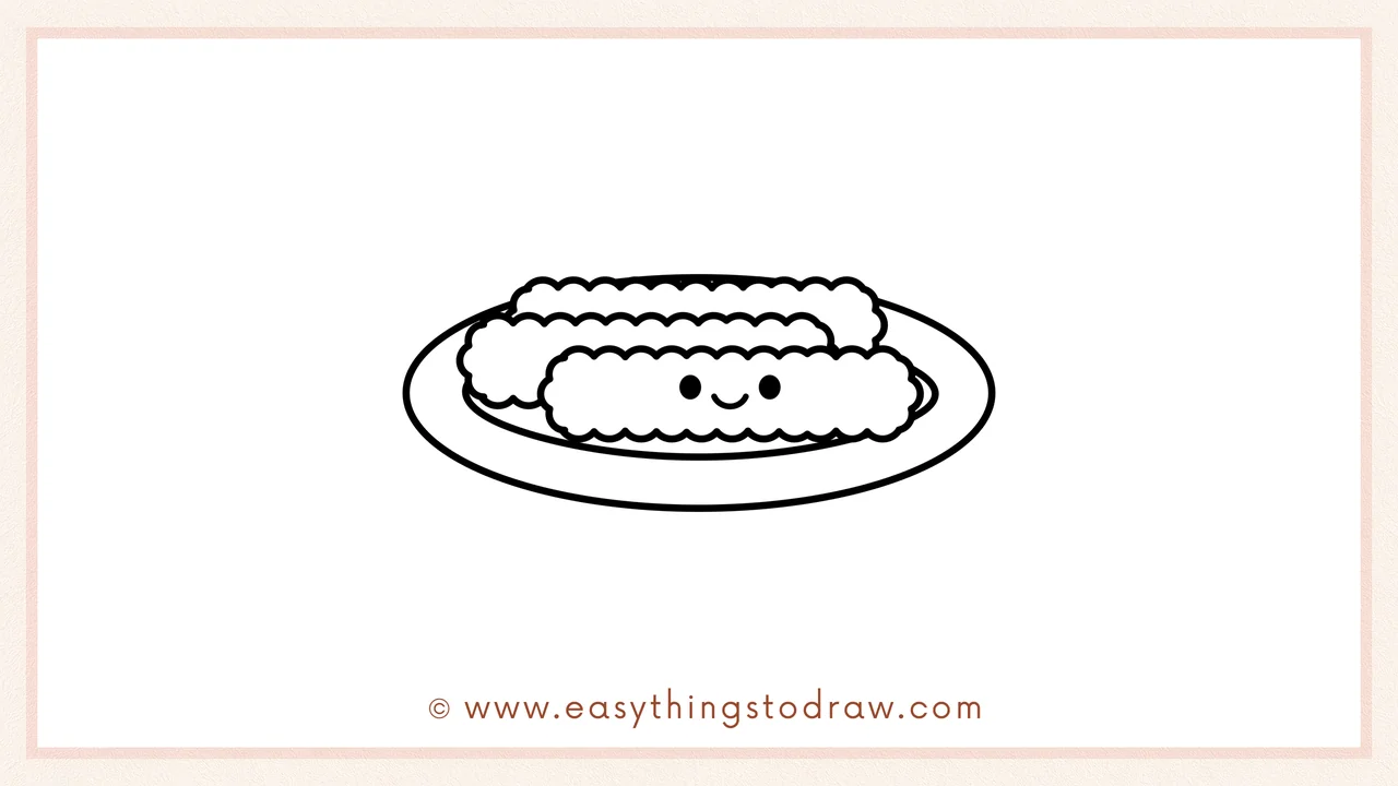 Step 6 of beginner guide to draw Cute Thanksgiving Corn – Drawing two round eyes and a smiling mouth on the front corn stick.