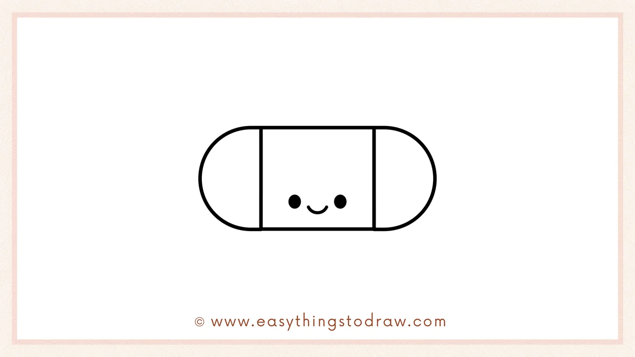 Step 6 of simple eraser drawing tutorial – draw two small dot eyes and a smiling mouth on the eraser's body.