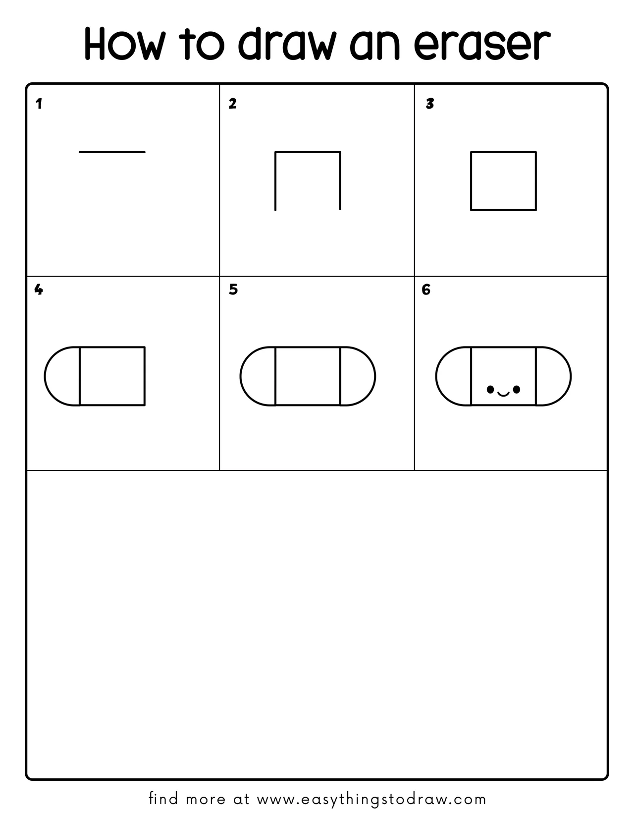 Step-by-step drawing tutorial showing how to draw a cute eraser in 6 easy steps for kids and beginners.
