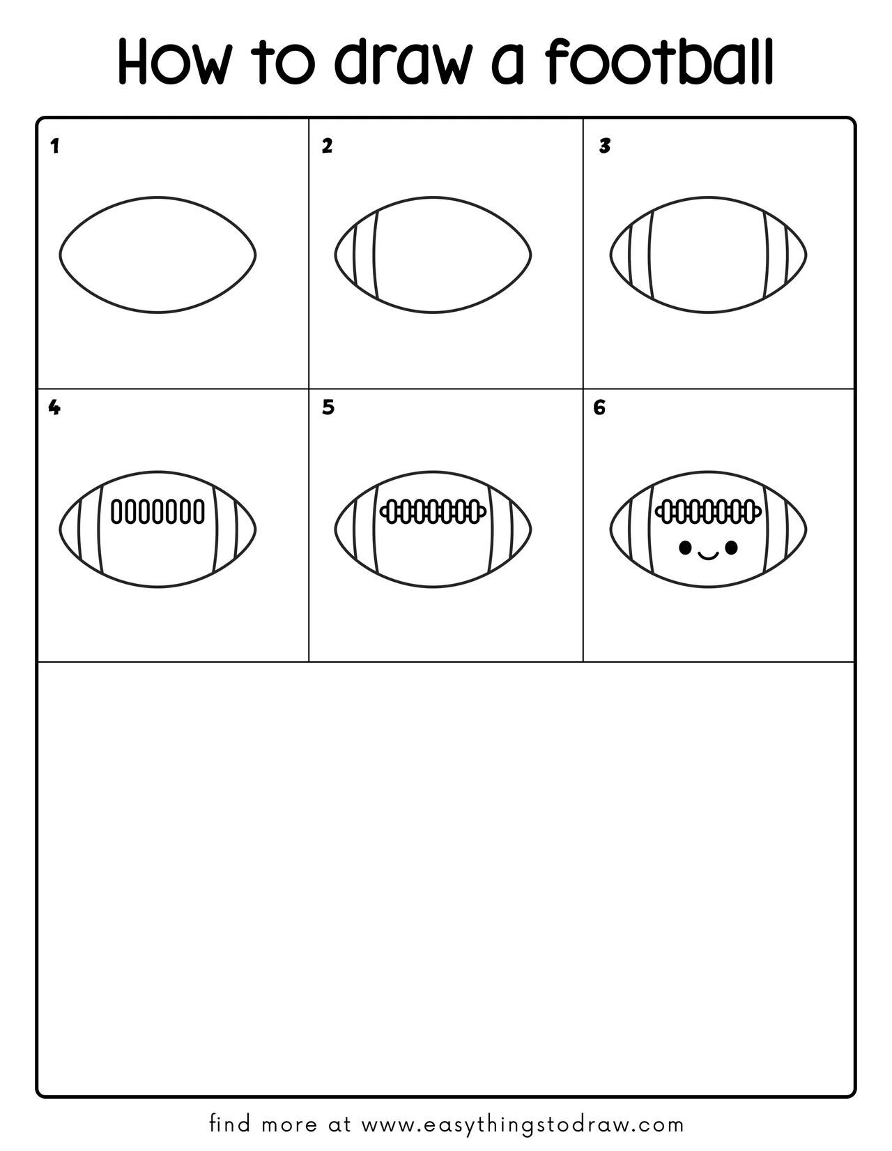 Step-by-step drawing tutorial showing how to draw a cute cartoon football in 6 easy steps for kids and beginners.