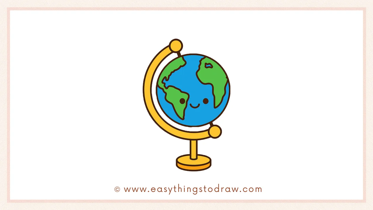 Completed full-color drawing of a cute cartoon globe with a smiling face, blue oceans, green land, and a simple stand, perfect for Earth Day activities or classroom art.
