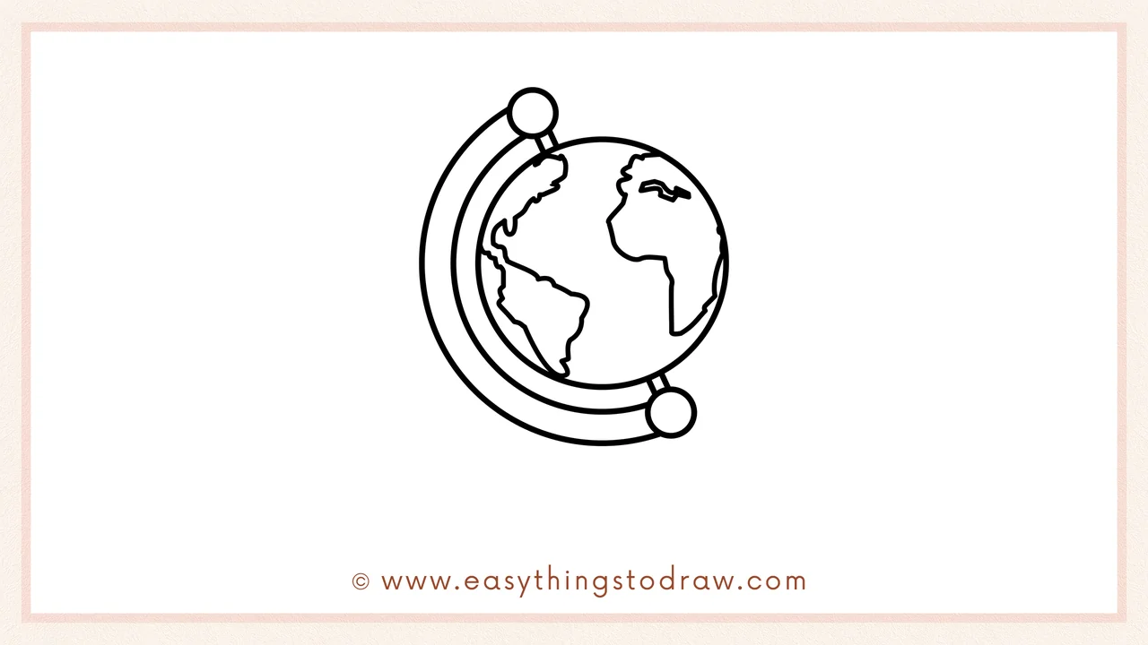 Step 4 of step-by-step globe sketch – drawing two curved lines to connect the top and bottom support points, forming the globe's arm.