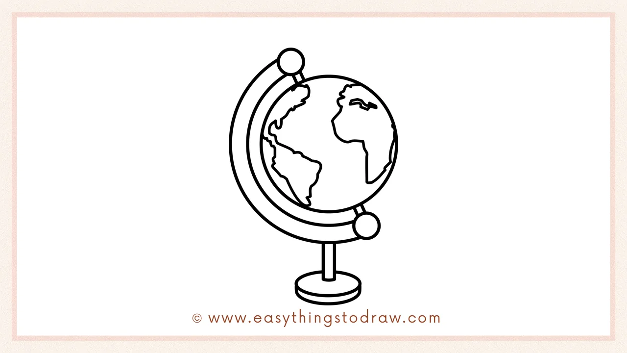 Step 5 of easy globe drawing steps – adding a vertical pole and a round base beneath the globe to create its stand.