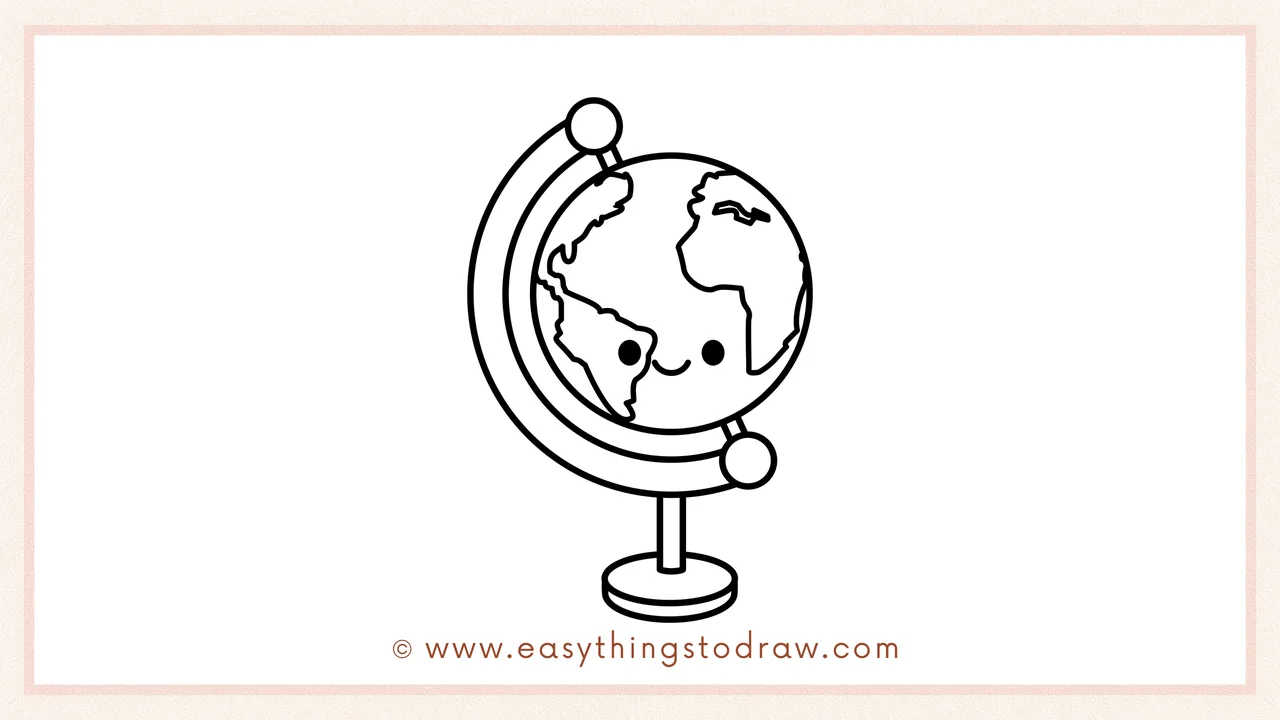 Step 6 of simple globe drawing tutorial – making the globe adorable by adding two dot eyes and a smile in the center.