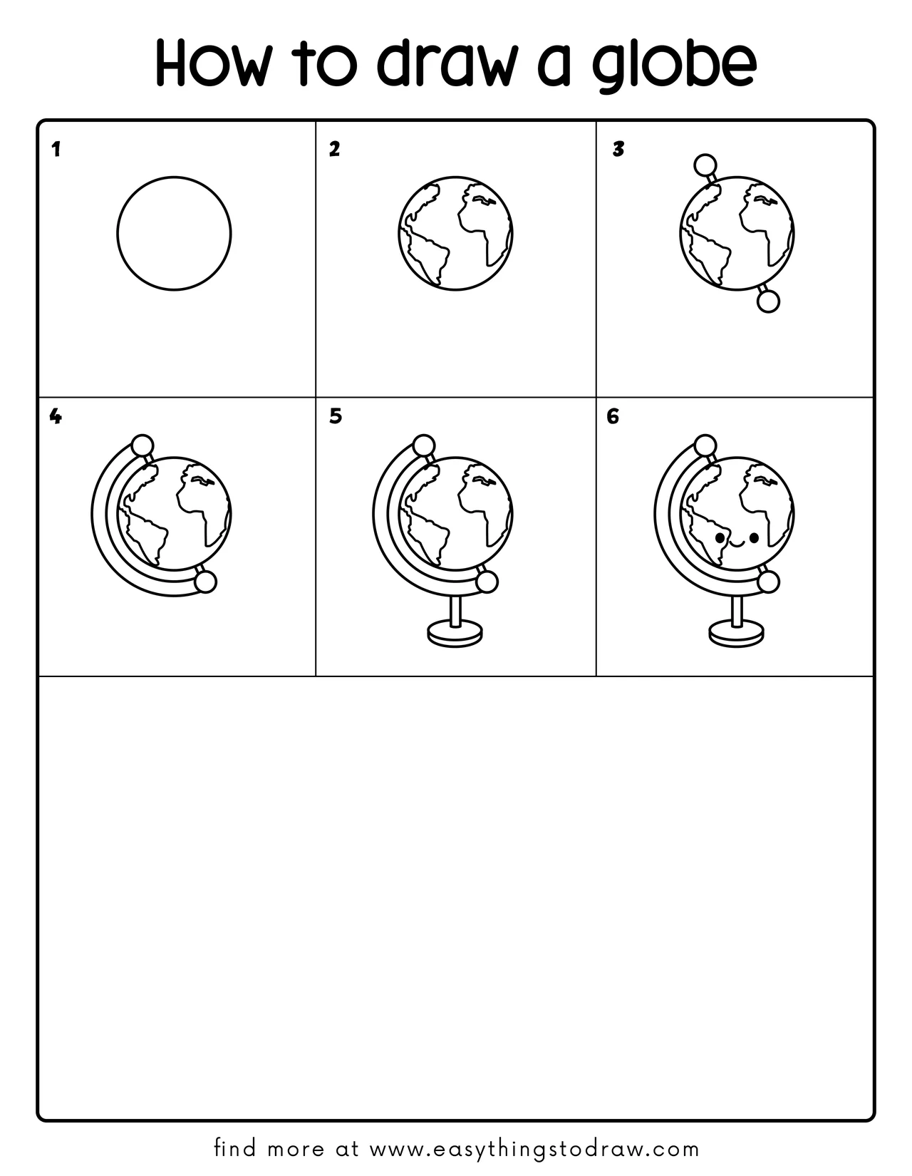 A 6-step visual guide showing how to draw a cute cartoon globe, designed for kids and beginners.
