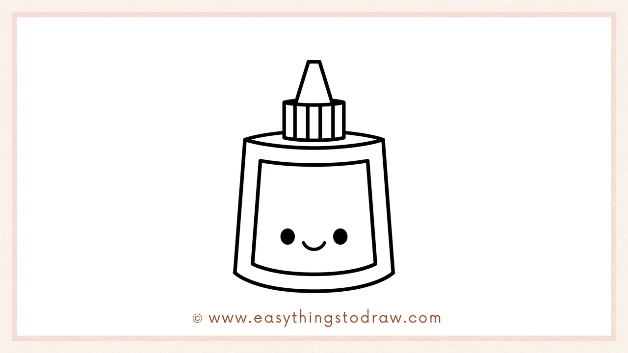Step 6 of simple glue bottle drawing tutorial – Adding two eyes and a big happy smile on the label for a cute personality.