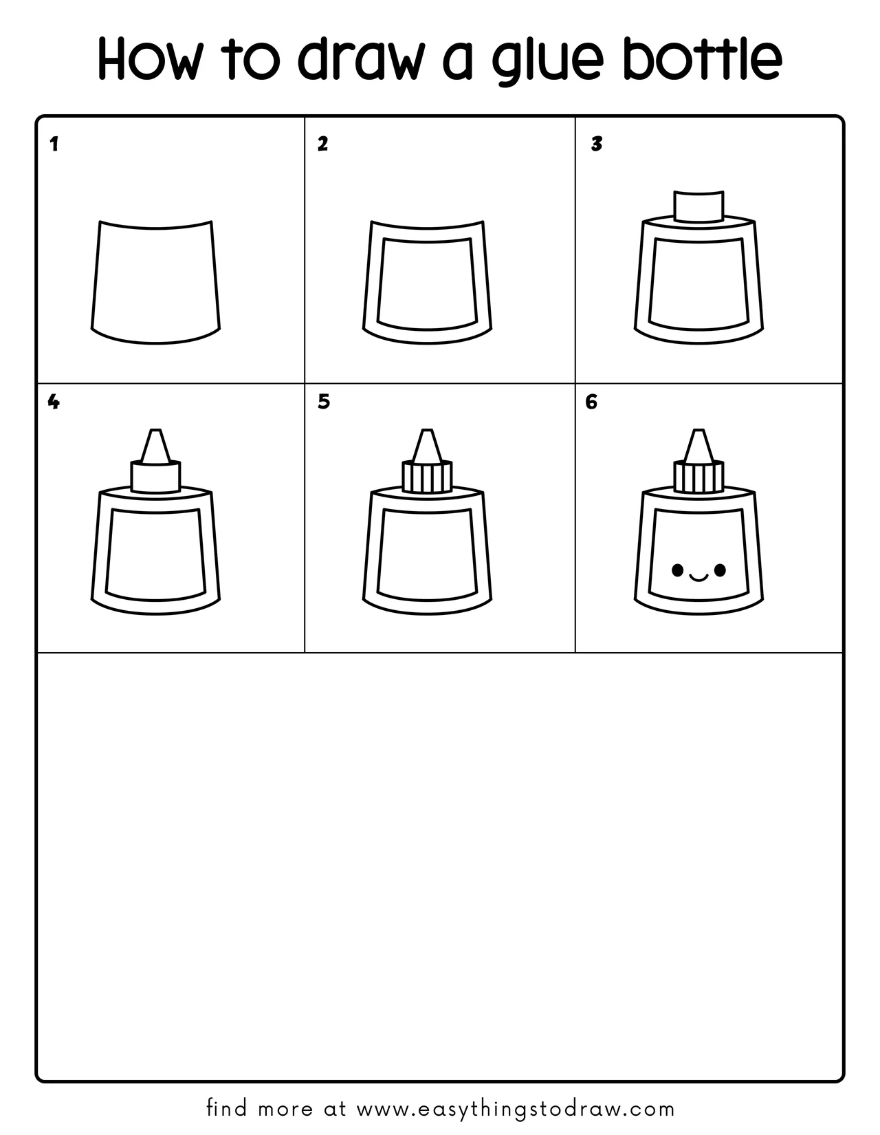 Step-by-step drawing tutorial grid showing 6 easy steps to draw a cute cartoon glue bottle for kids and beginners.