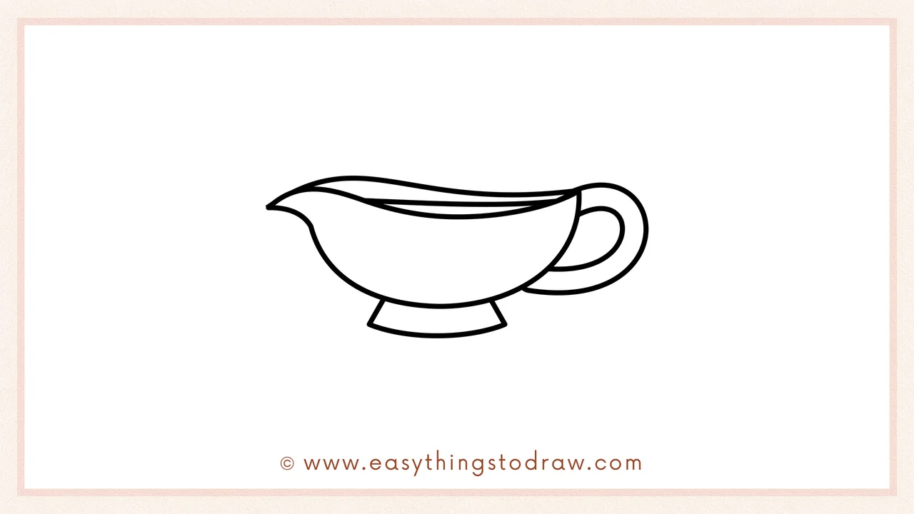 Step 5 of easy gravy boat drawing steps – drawing a flat oval and two small lines underneath to create the base.