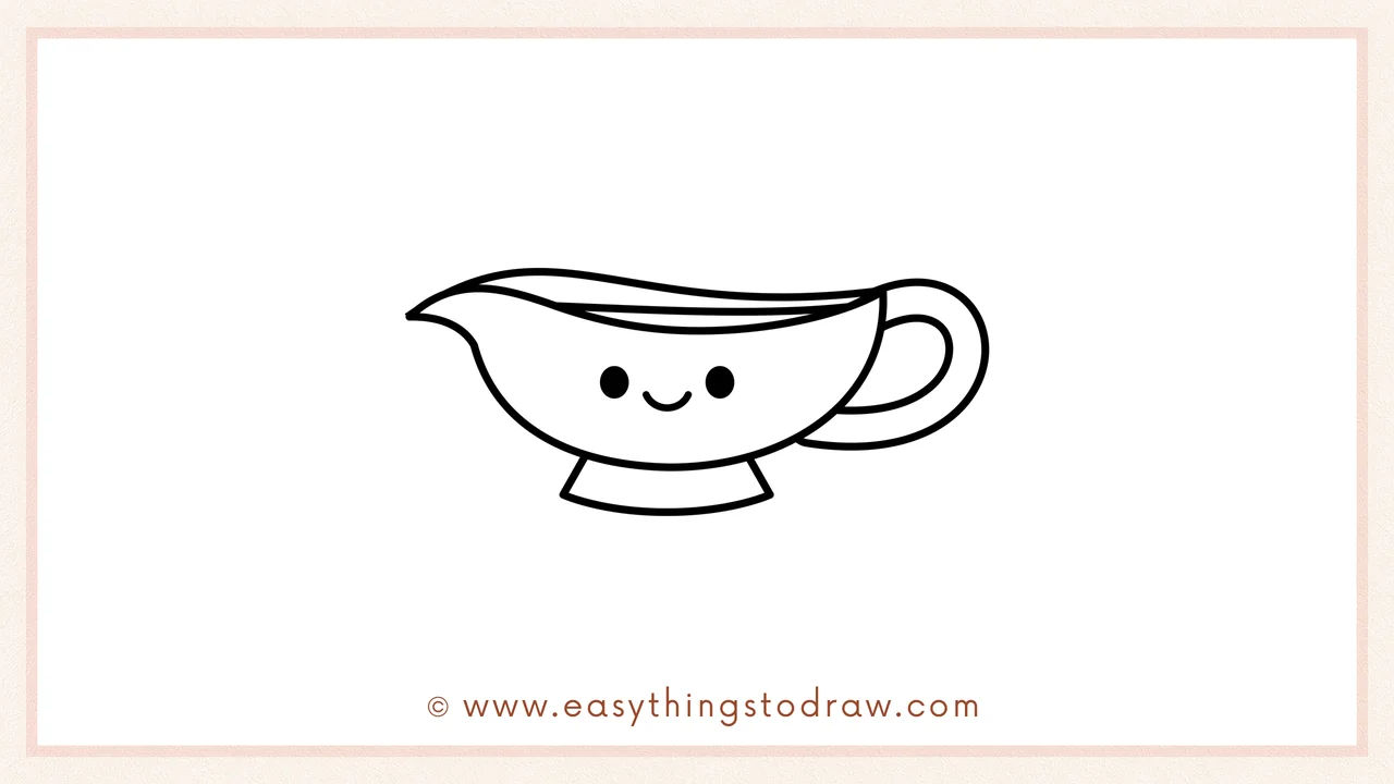 Step 6 of simple gravy boat drawing tutorial – finishing with two round eyes and a happy smile on the front.