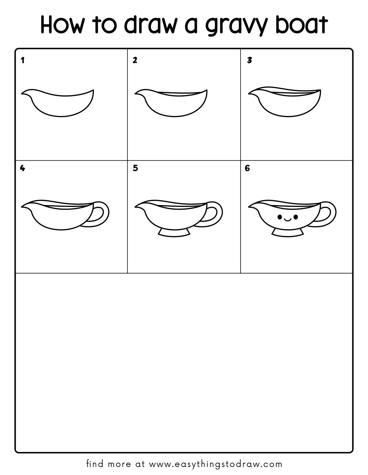 Step-by-step drawing tutorial showing how to draw a cute Thanksgiving gravy boat in 6 easy steps, perfect for kids and beginners.