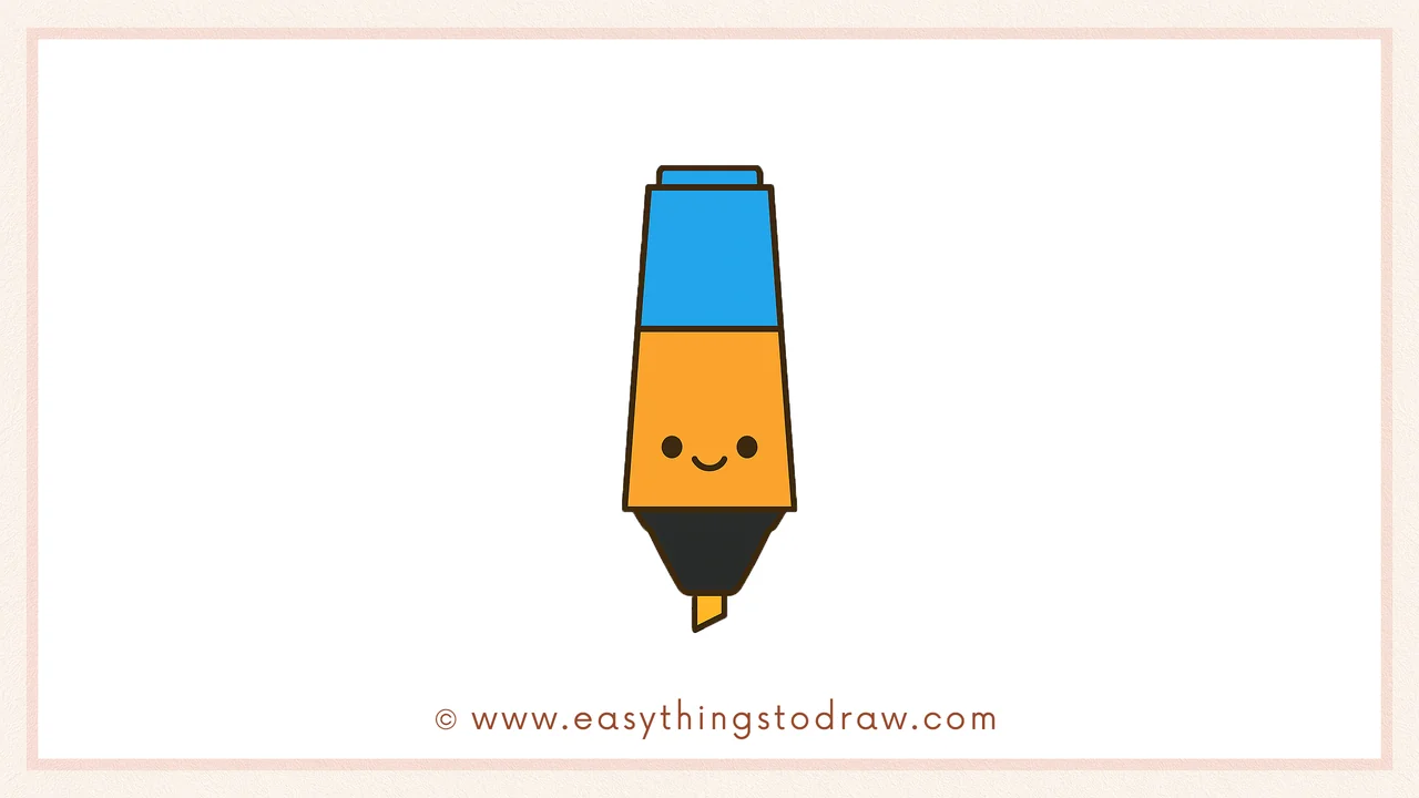 Final colored drawing of a cute cartoon highlighter with a happy face, bright colors, and an angled tip, perfect for kids.