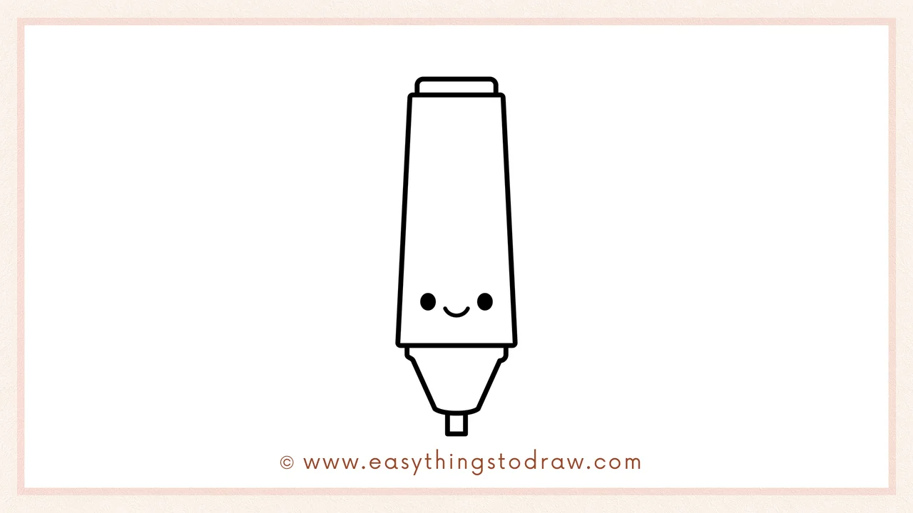 Step 6 of drawing a cute highlighter in steps – Making the highlighter cute by adding two dot eyes and a smile on the body.