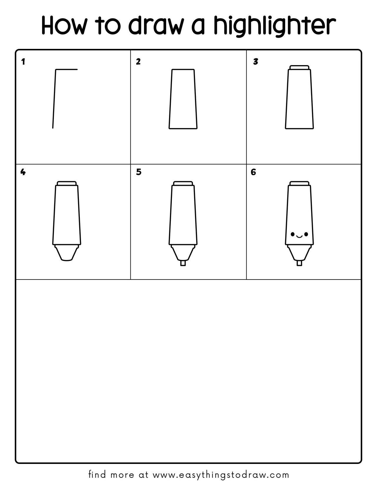 Step-by-step drawing tutorial showing how to draw a cute highlighter in 6 easy steps for kids and beginners.