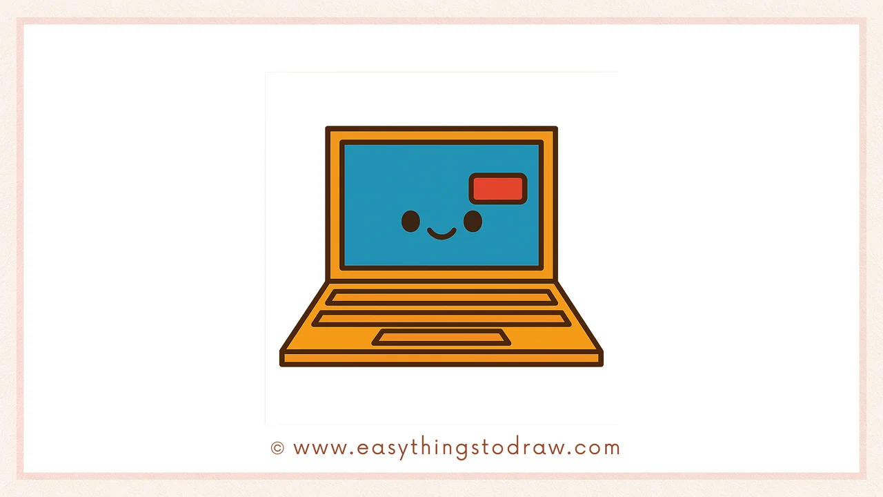 Final colored drawing of a cute cartoon laptop with a friendly face, clean lines, and vibrant colors, perfect for young artists.