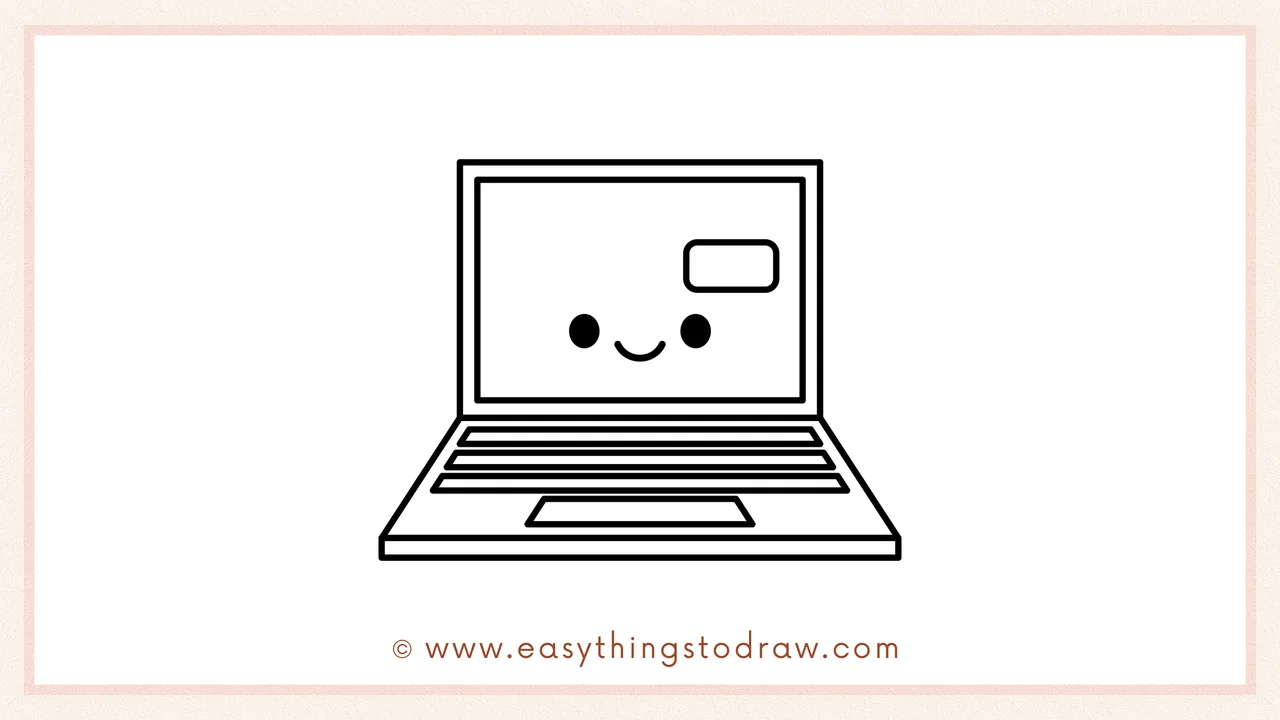 Step 6 of simple laptop drawing tutorial – Adding a cute face with dot eyes and a smiling mouth on the laptop screen.