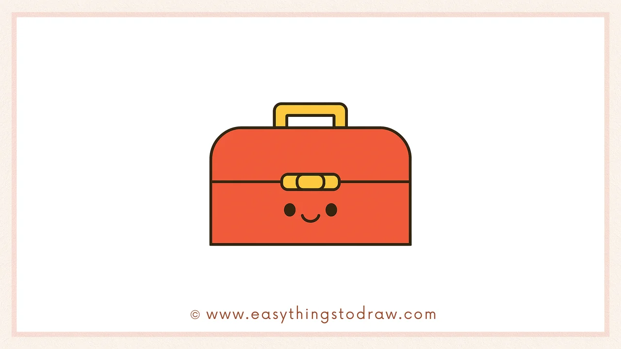 Final colored drawing of a cute cartoon lunch box with a happy face, bright colors, and simple lines, perfect for young artists.