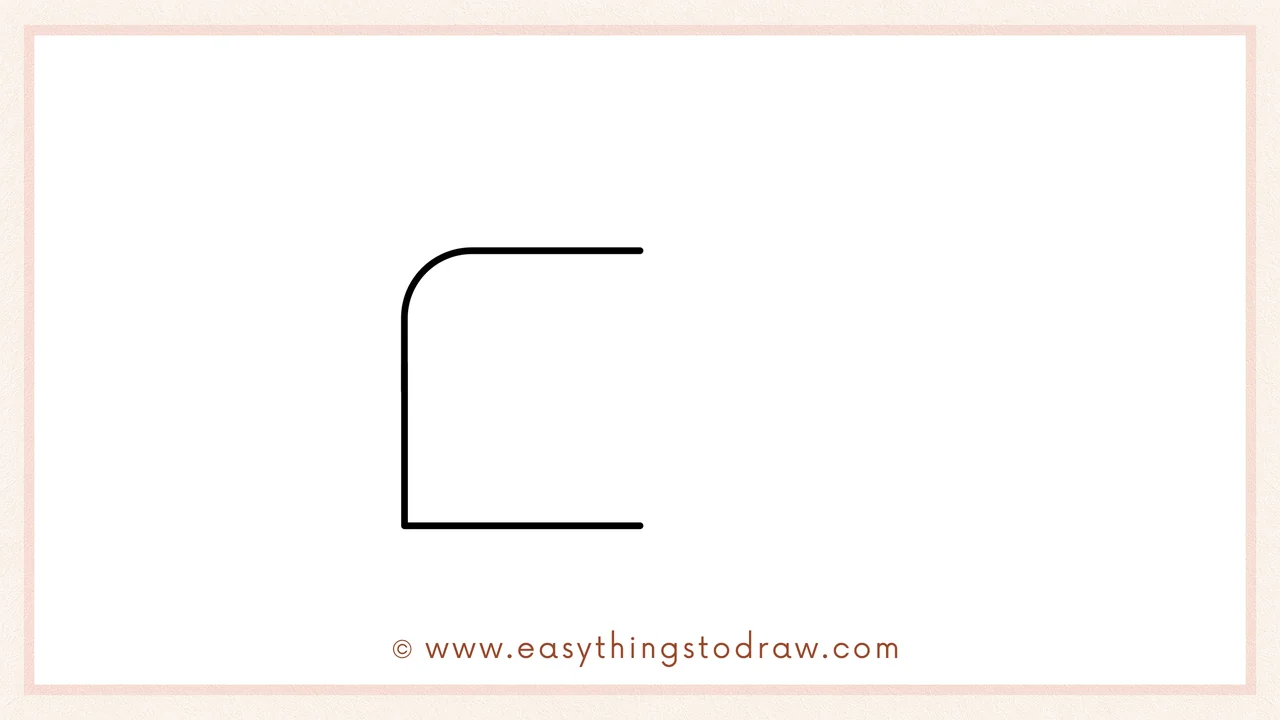 Step 1 of how to draw a lunch box – Drawing a large backward L-shape with a rounded top for the left corner.