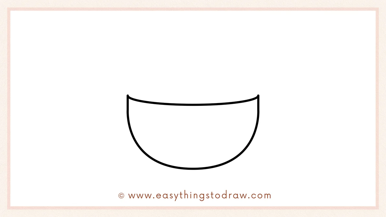 Step 1 of how to draw a bowl of mashed potatoes – Drawing a wide 'U' shape to form the basic outline of the bowl.