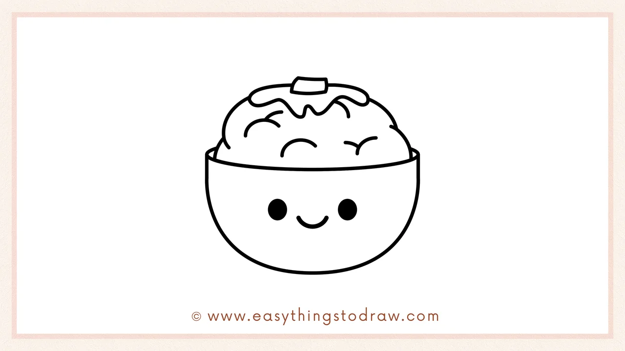Step 6 of simple bowl of mashed potatoes drawing tutorial – Drawing two eyes and a smile on the mashed potatoes for a cute face.
