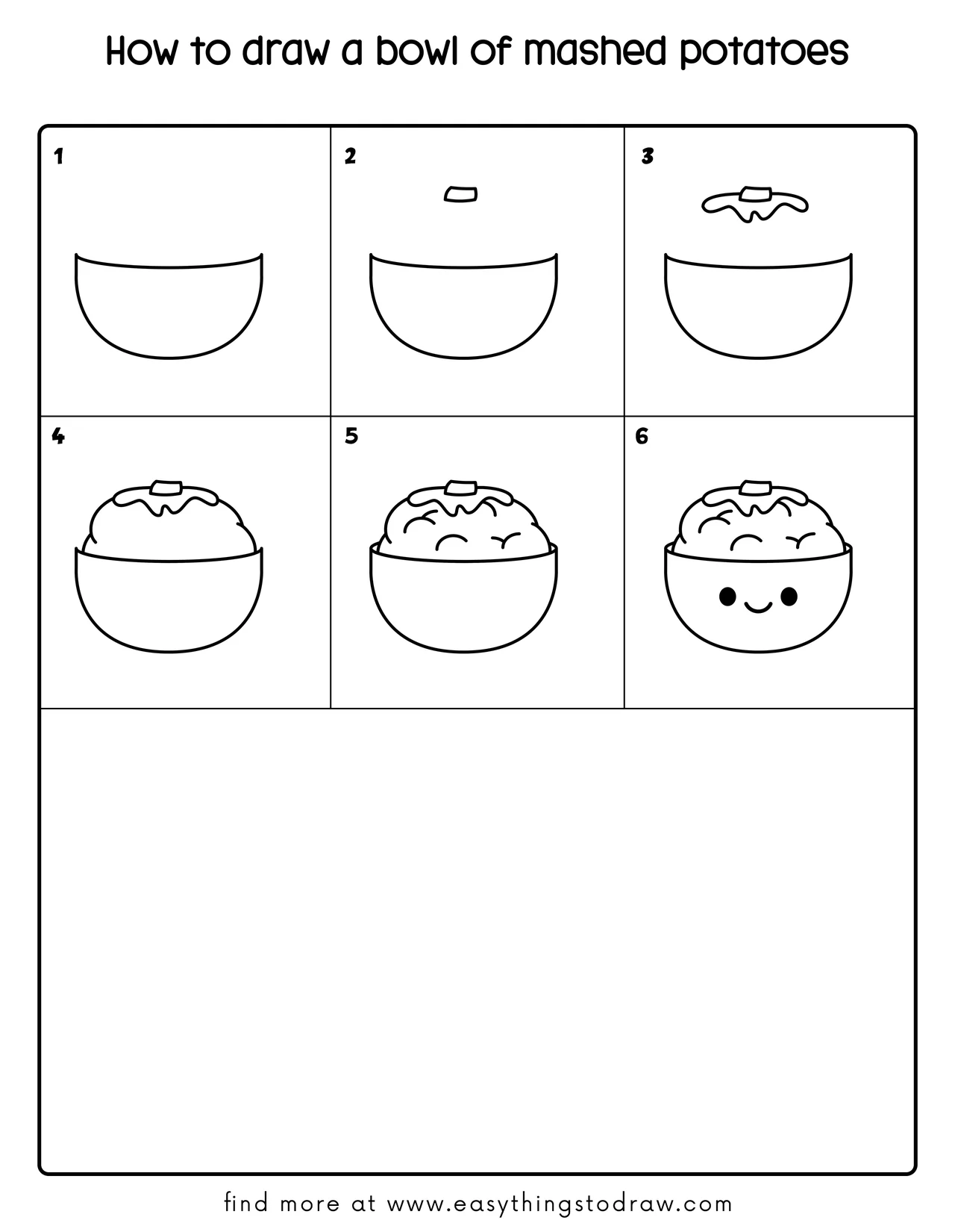 Step-by-step drawing tutorial grid showing 6 easy steps to draw a cute cartoon bowl of mashed potatoes, perfect for kids and beginners.