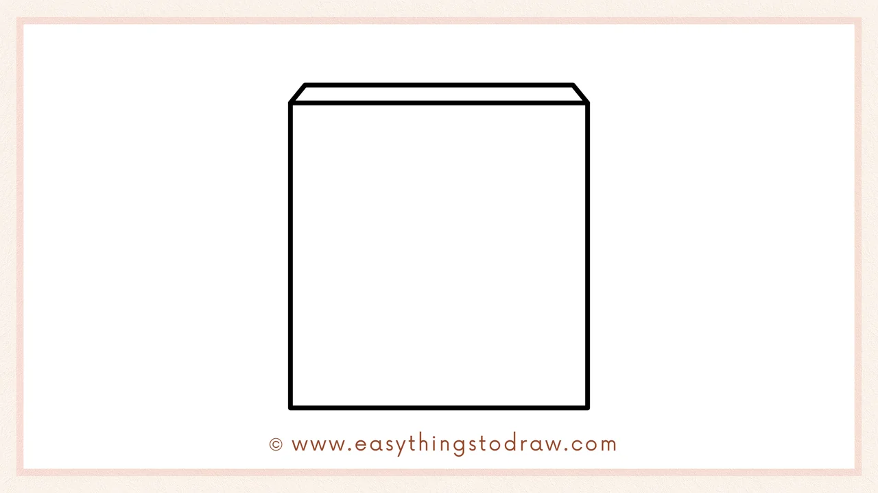 Step 1 of how to draw an oven – sketching a large rectangle with an angled top for the oven's main body.