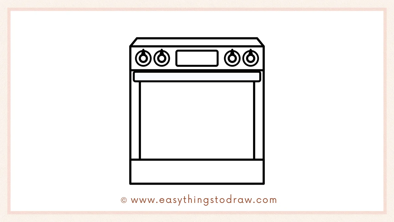 Step 5 of easy oven drawing steps – drawing four round control knobs on the top panel, two on each side of the display.