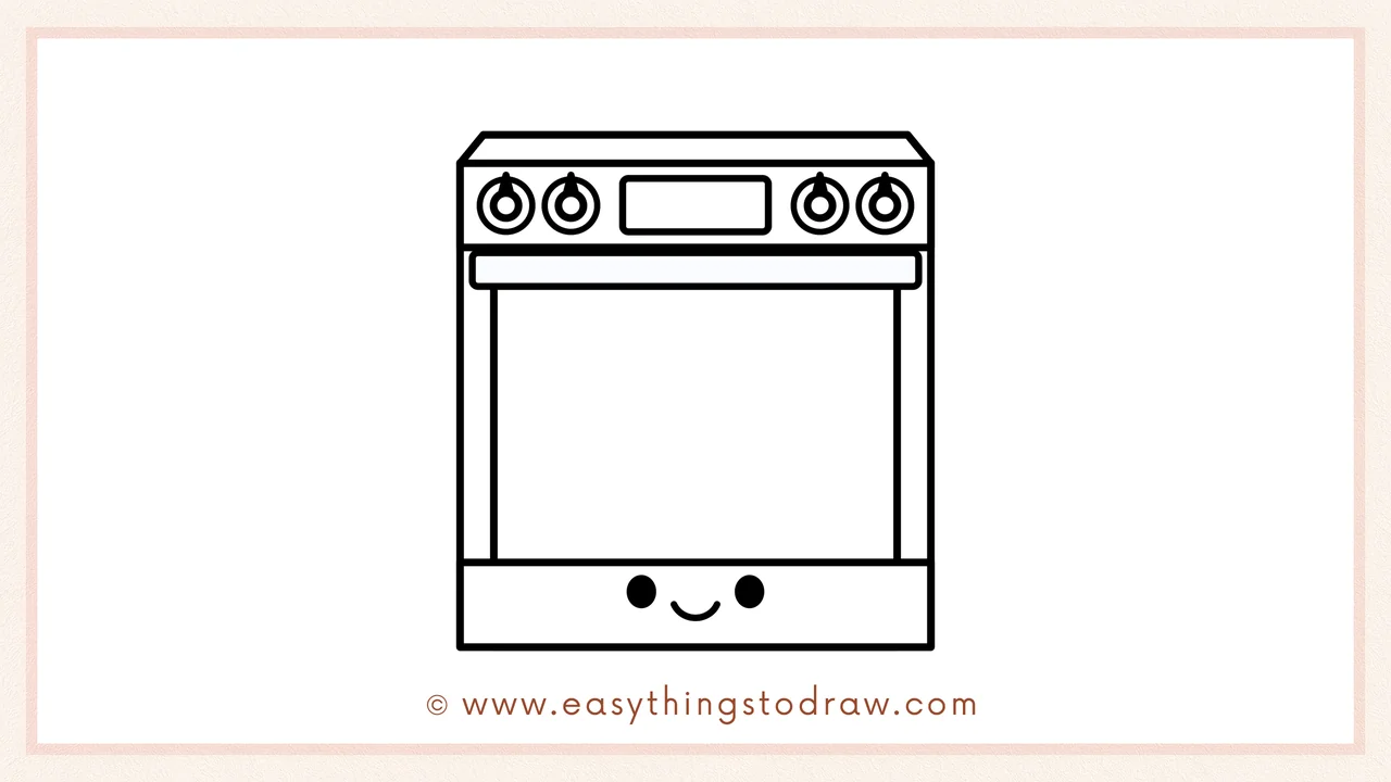Step 6 of simple oven drawing tutorial – adding two circular eyes and a happy smile to give the oven a friendly face.