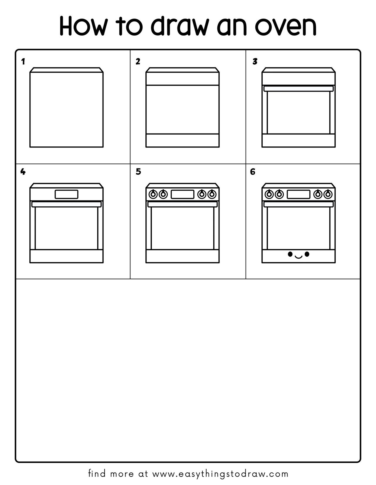 Step-by-step drawing tutorial showing how to draw a cartoon oven in 6 easy steps, perfect for kids and beginners.
