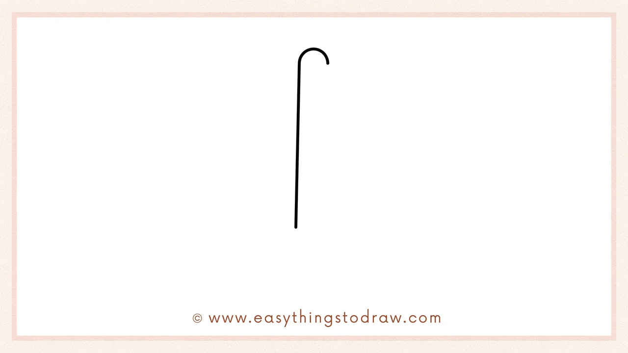 Step 1 of how to draw a paintbrush – Sketching a long vertical line with a rounded hook at the top for the paintbrush handle's side.