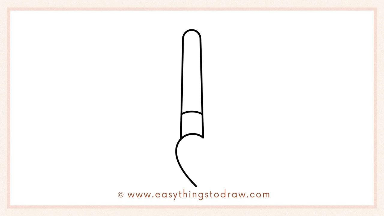 Step 4 of step-by-step paintbrush sketch – Drawing a rounded bulb shape from the ferrule, and curving one line outwards for the brush tip.