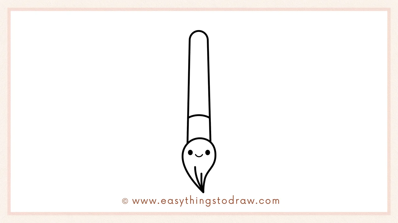 Step 6 of simple paintbrush drawing tutorial – Making it cute by drawing two dot eyes and a smiling mouth on the ferrule.