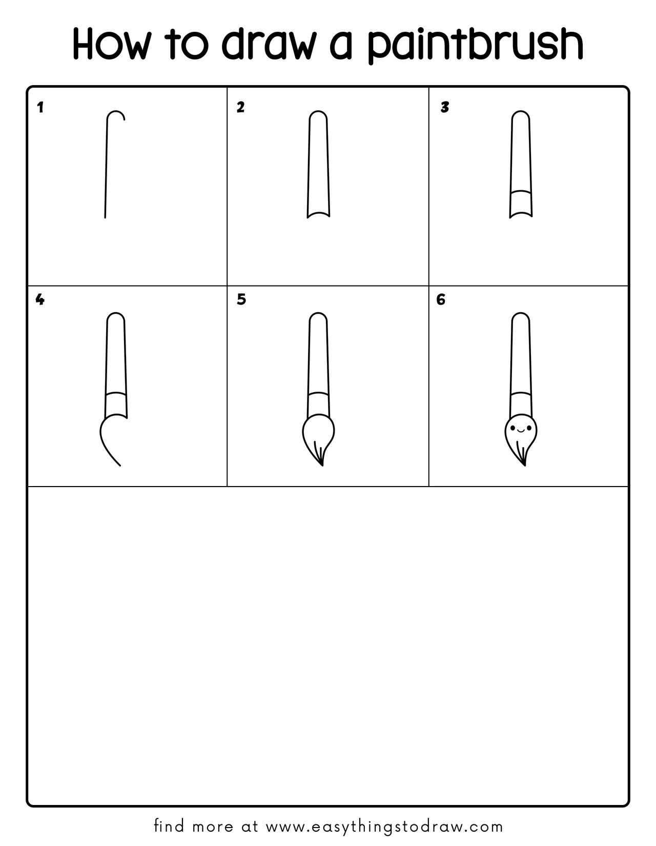 Step-by-step drawing tutorial showing 6 easy steps to draw a cute cartoon paintbrush, perfect for kids and beginners.