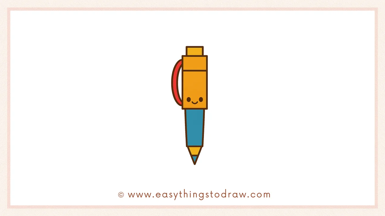 Final colored drawing of a cute cartoon pen with a friendly face, vibrant colors, and clean outlines, suitable for young artists.