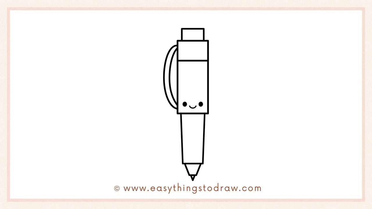 Step 6 of simple pen drawing tutorial – Two dots for eyes and a U-shape for a smile are added to the pen body, giving it a cute face.