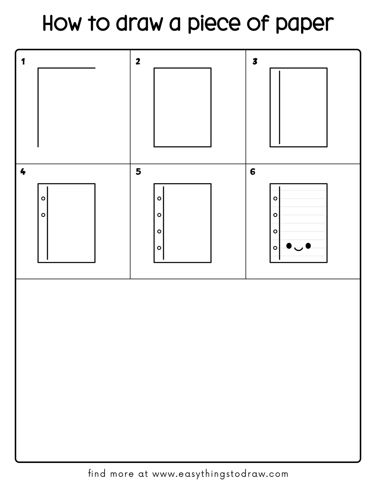 Step-by-step drawing tutorial showing how to draw a cute piece of paper in 6 easy steps, perfect for kids and beginners.