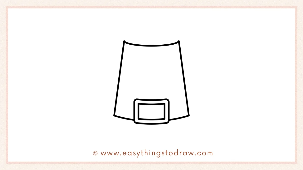 Step 2 of drawing a pilgrim hat – Sketching two slanted lines upward from the buckle and connecting them with a curved top line.