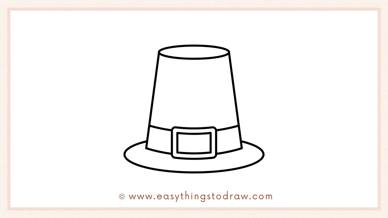 Step 5 of easy pilgrim hat drawing steps – Sketching a large, flat oval at the bottom for the wide hat brim.