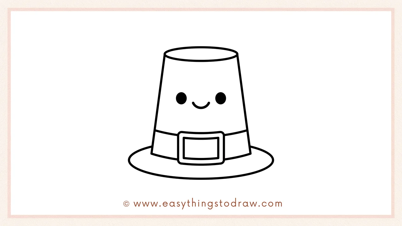 Step 6 of simple pilgrim hat drawing tutorial – Drawing two small eyes and a smile above the buckle for a happy hat.