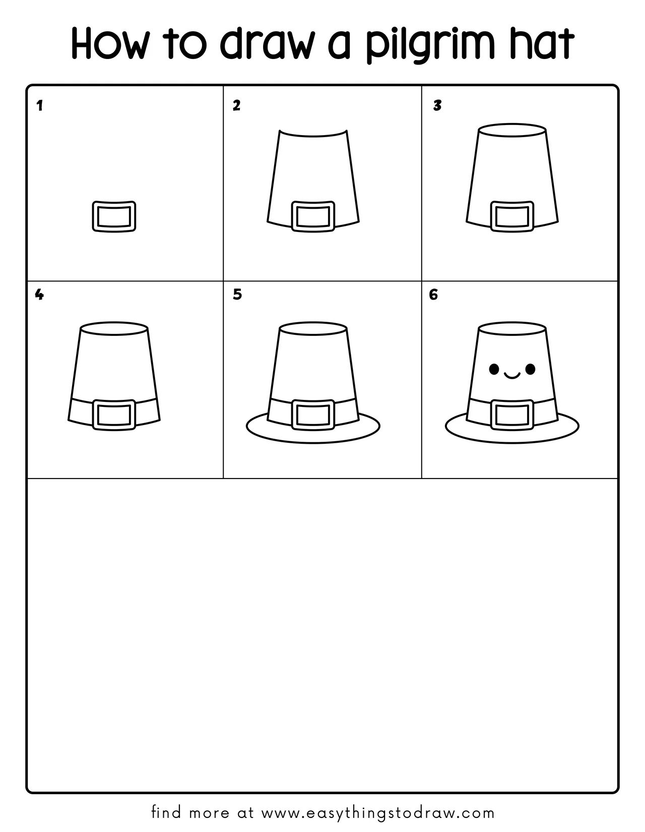 Step-by-step drawing tutorial showing how to draw a cute cartoon pilgrim hat in 6 easy steps, perfect for kids and beginners.