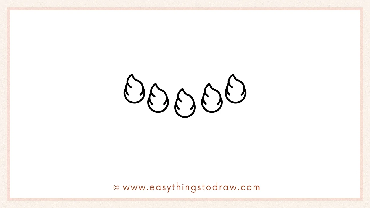 Step 1 of how to draw a pumpkin pie – Drawing five small, puffy whipped cream swirls in a curved line.