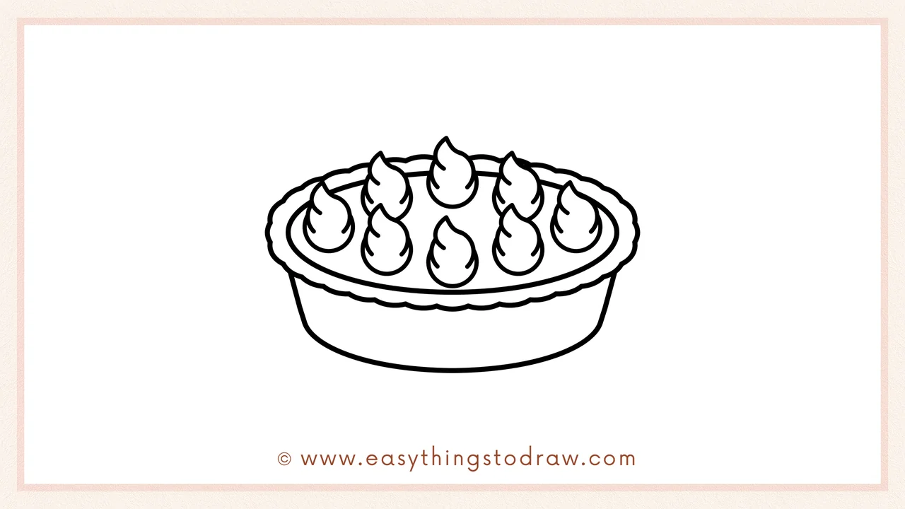Step 5 of easy pumpkin pie drawing steps – Drawing a curved base and side lines to complete the round pie dish.