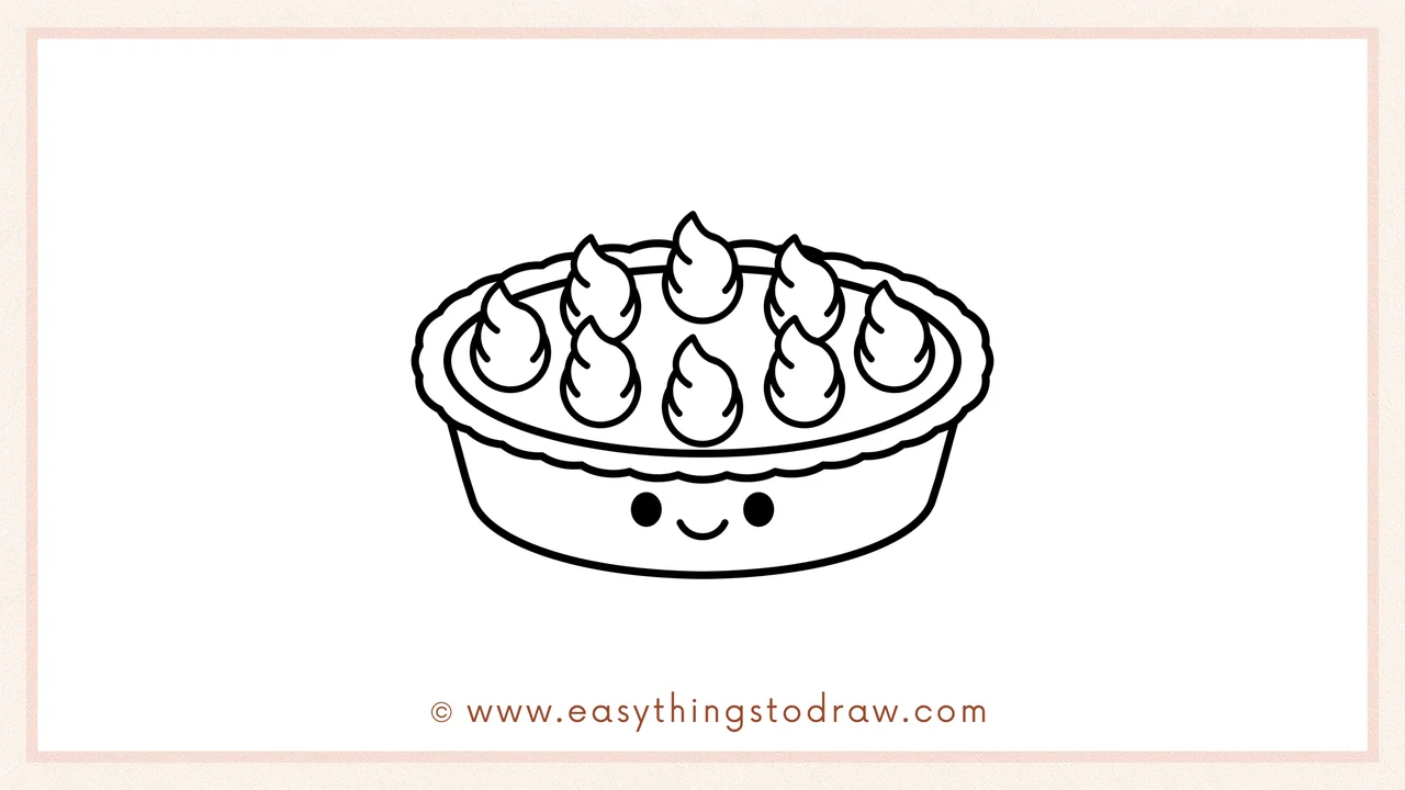 Step 6 of simple pumpkin pie drawing tutorial – Adding two cute black eyes and a smiling mouth onto the pie dish.