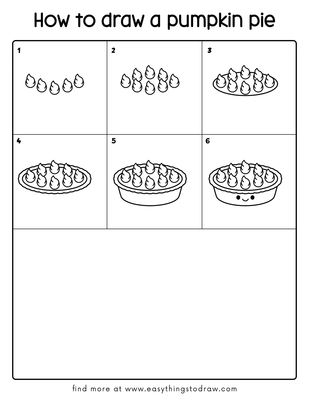 Step-by-step drawing tutorial showing how to draw a cute cartoon pumpkin pie in 6 easy steps for kids and beginners.